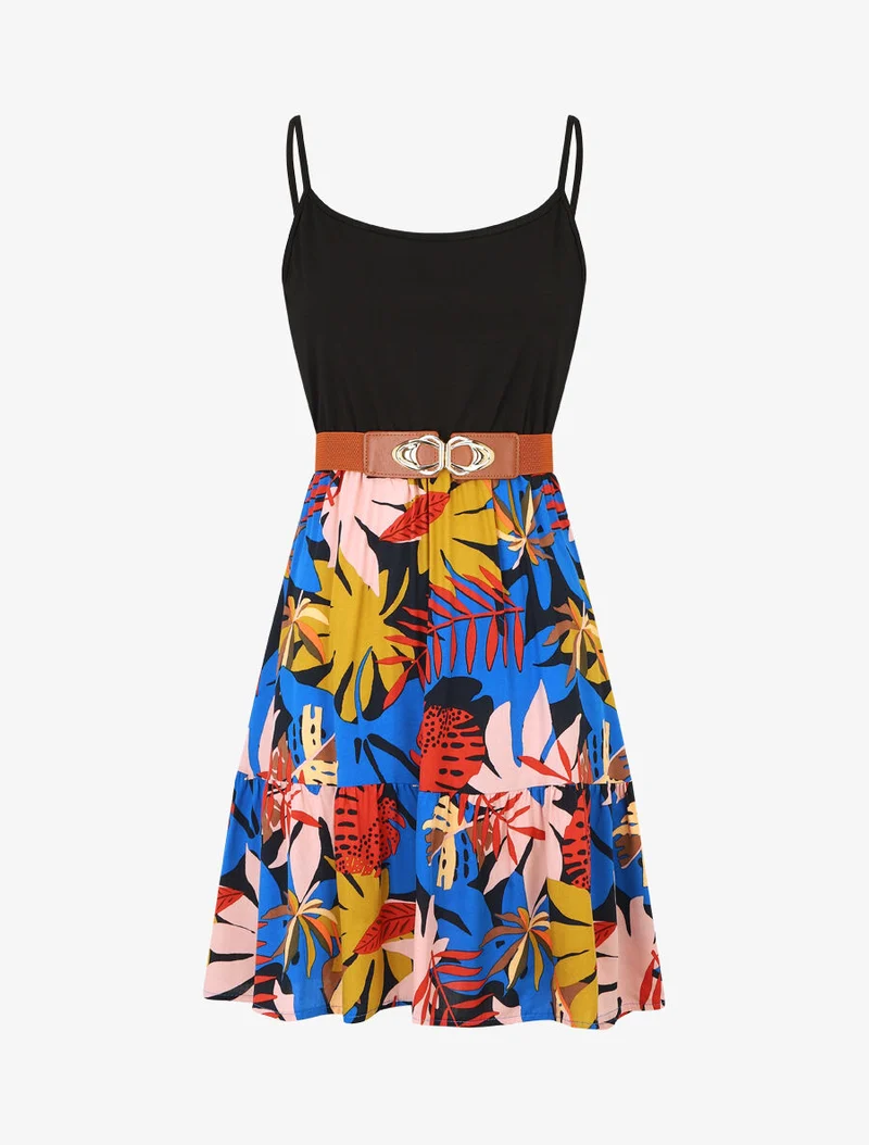Robe mi-longue bicolore imprimé tropical - Bleu roi