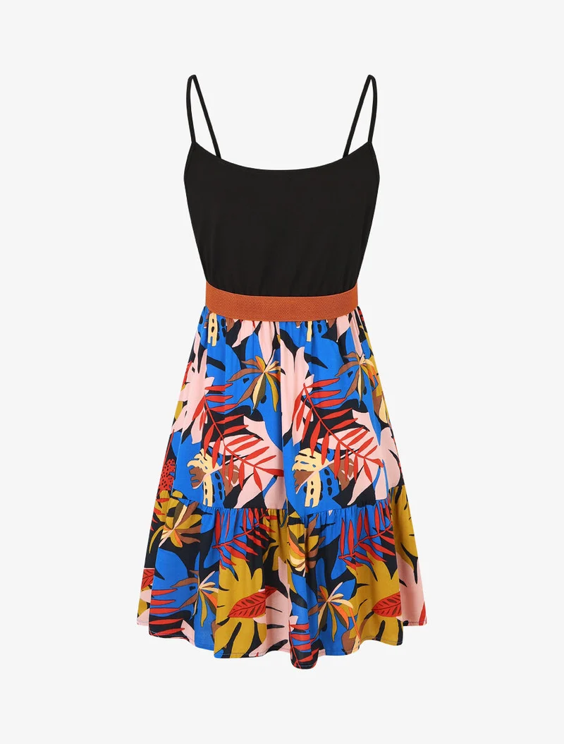 Robe mi-longue bicolore imprimé tropical - Bleu roi