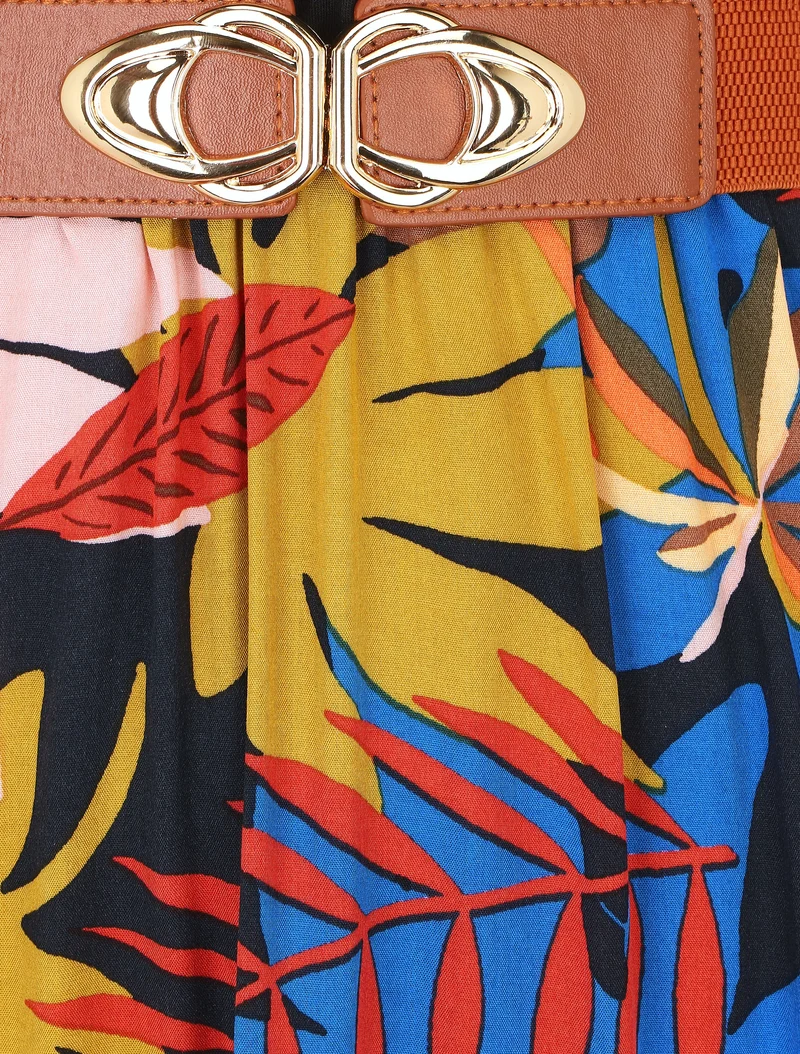 Robe mi-longue bicolore imprimé tropical - Bleu roi