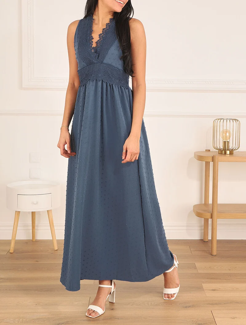 Robe longue unie texturée - Bleu