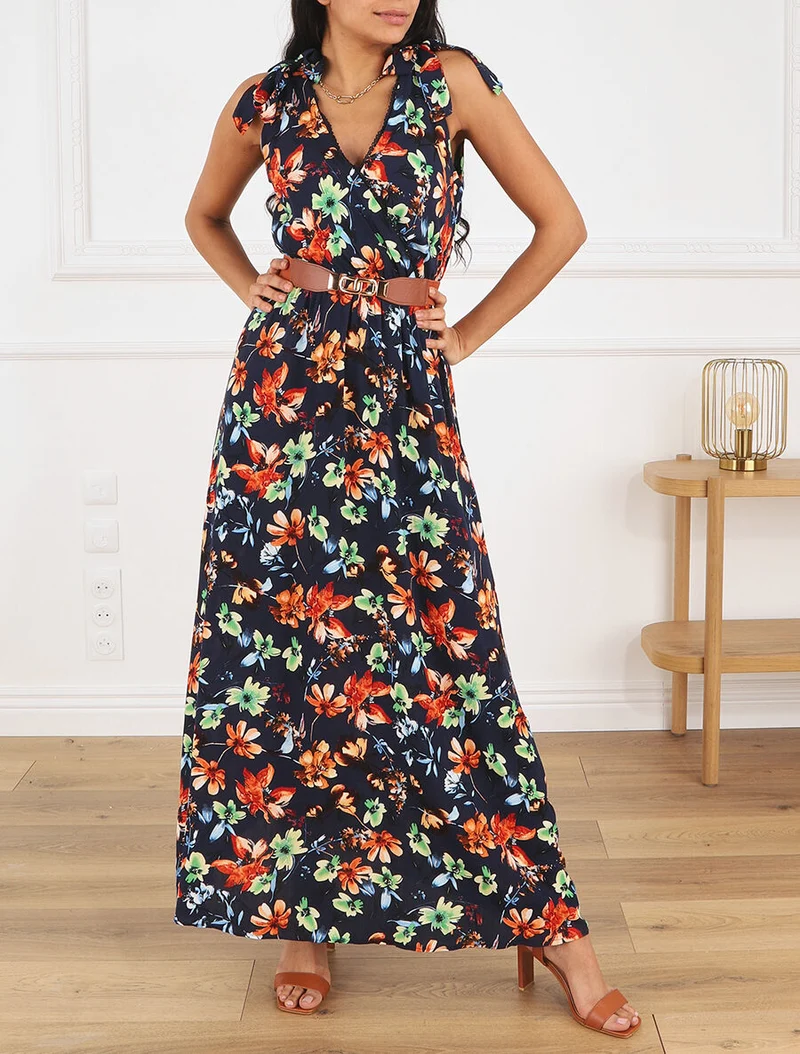Robe imprimé fleuri à col en V - Marine