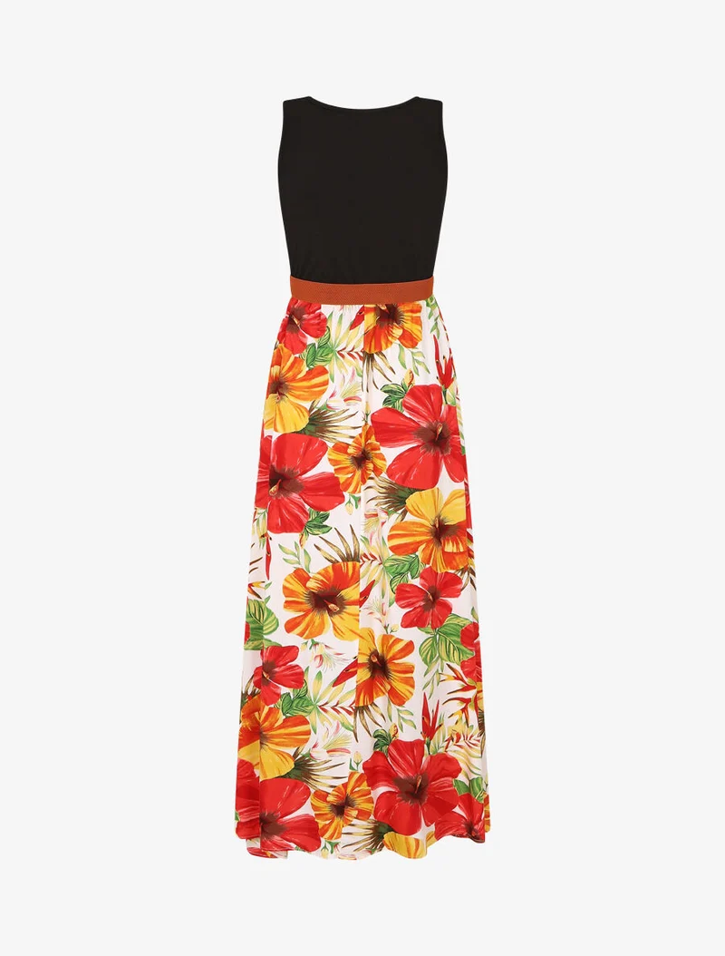 Robe longue bicolore imprimé tropical - Blanc