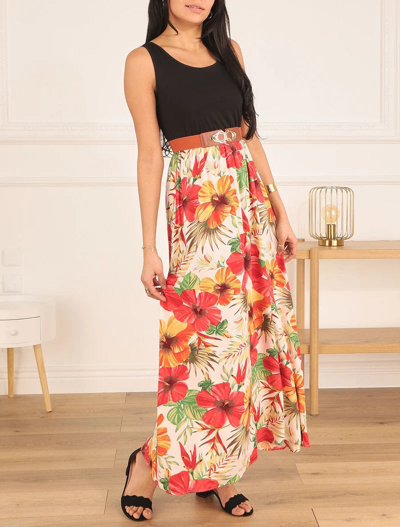 Robe longue bicolore imprimé tropical - Blanc