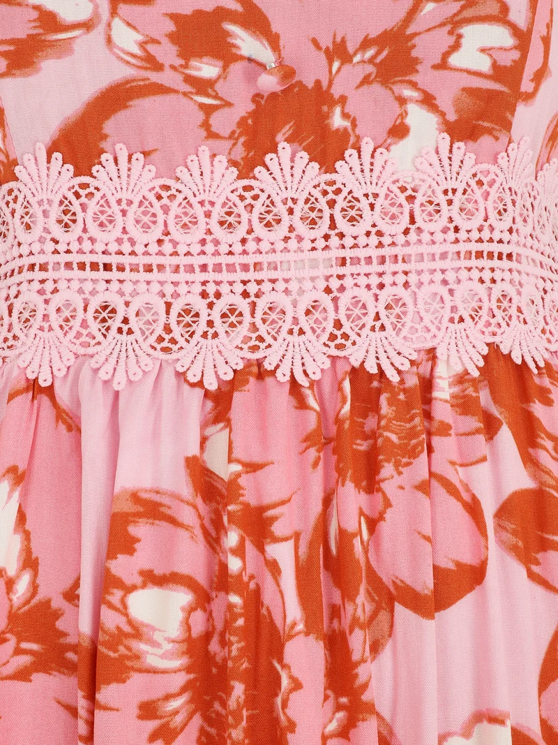 Robe longue imprimé fleurs et dentelle - Rouge