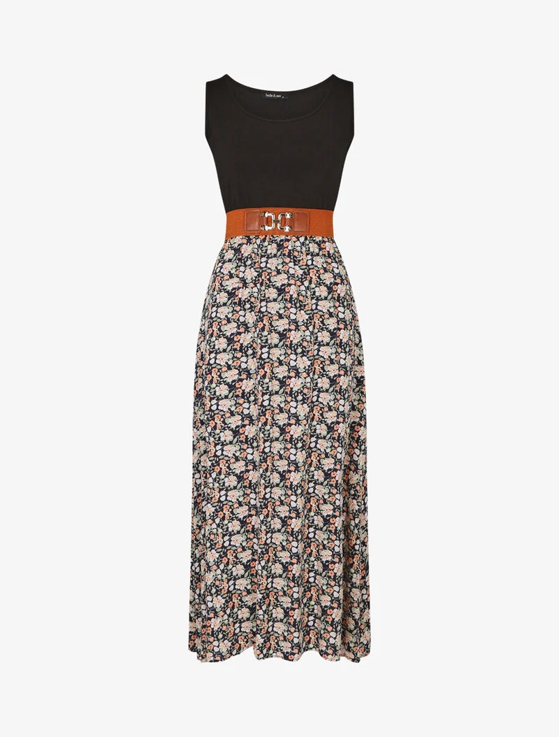 Robe bicolore à imprimé petites fleurs - Marine