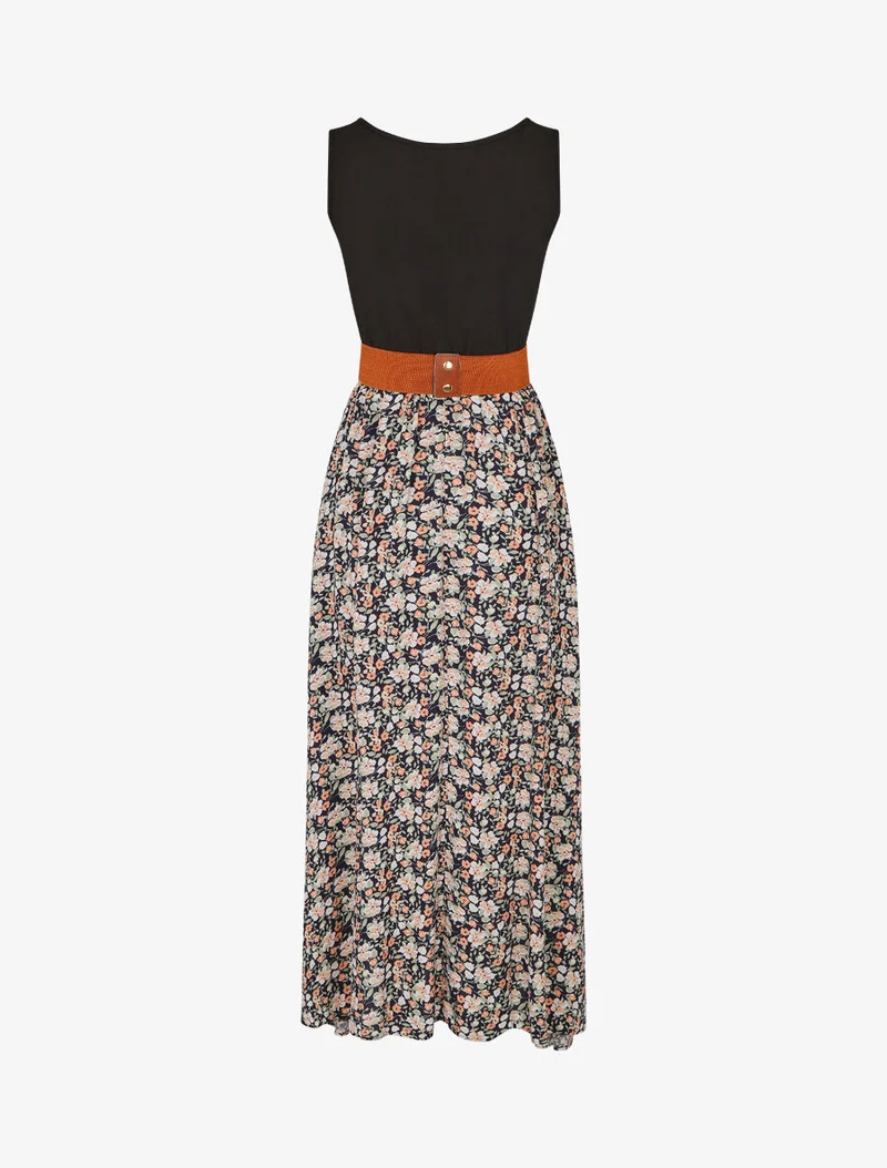 Robe bicolore à imprimé petites fleurs - Marine