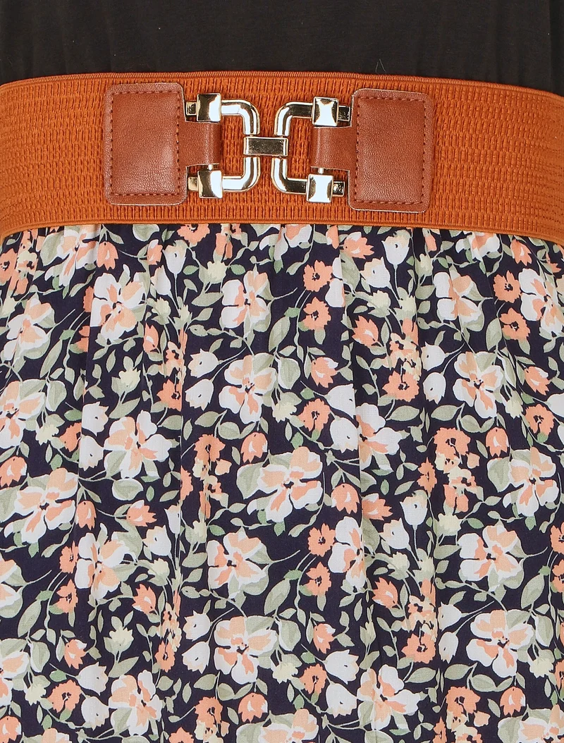 Robe bicolore à imprimé petites fleurs - Marine