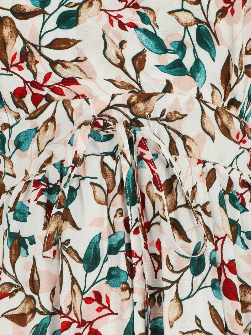 Robe mi-longue à imprimé feuilles - Blanc