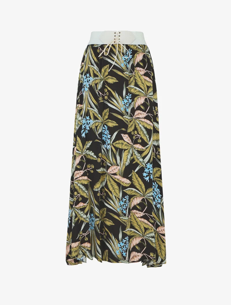 Jupe longue élastiquée à imprimé tropical - Noir