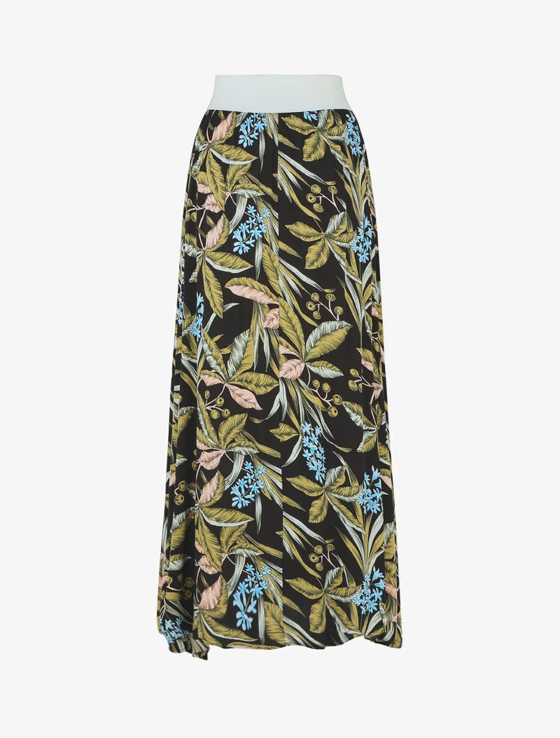 Jupe longue élastiquée à imprimé tropical - Noir