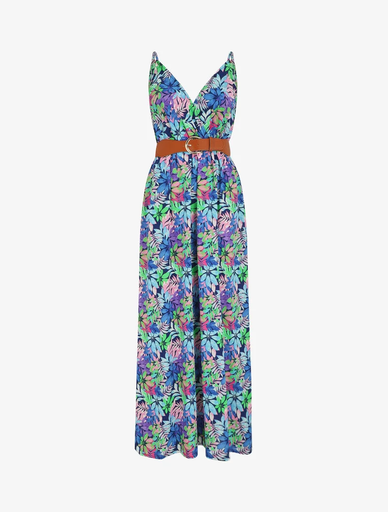 Robe longue imprimé feuilles sauvages à bretelles - Bleu