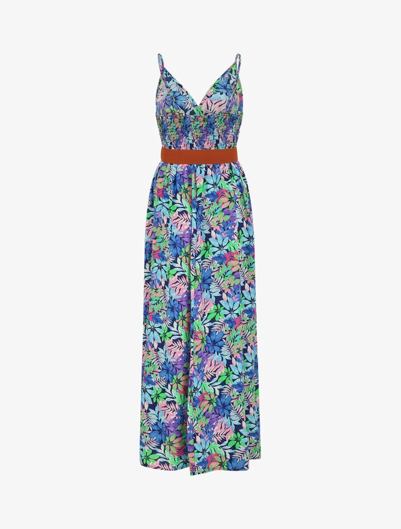 Robe longue imprimé feuilles sauvages à bretelles - Bleu