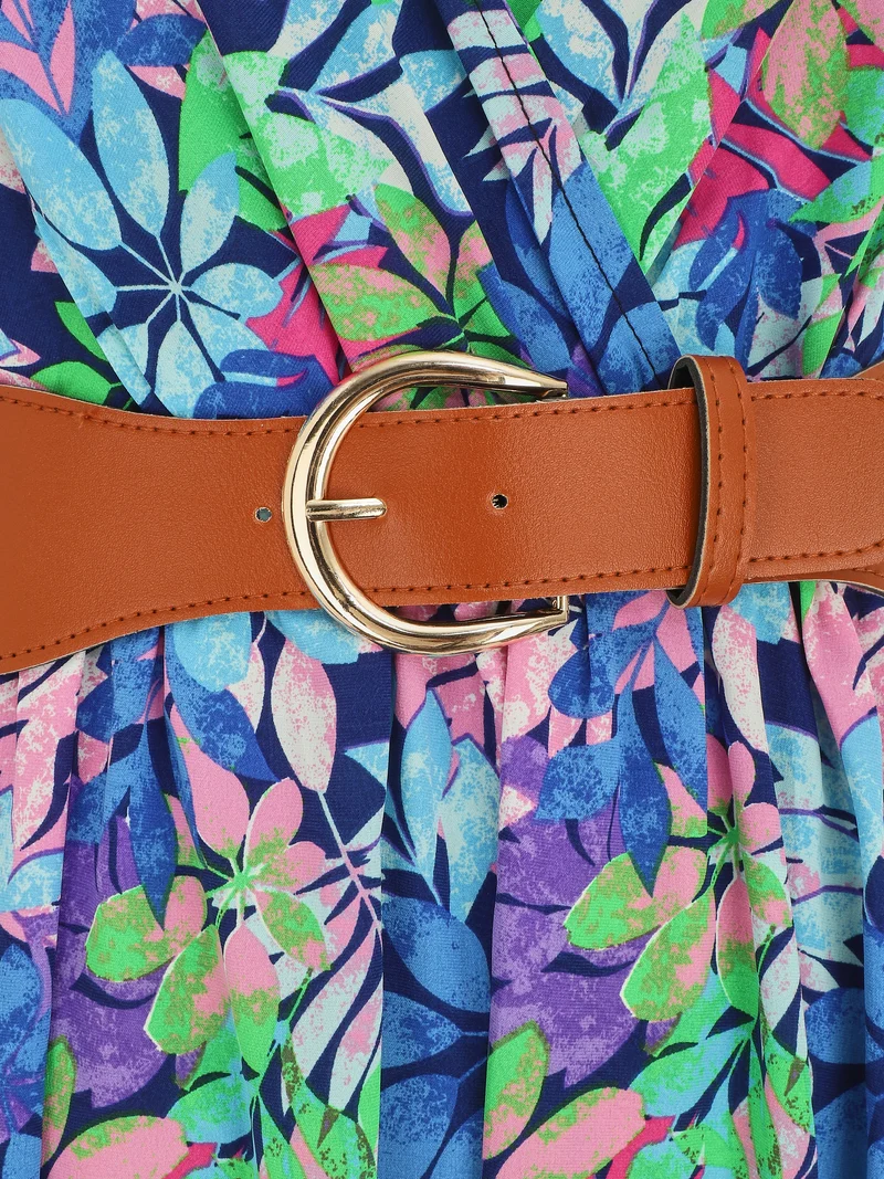 Robe longue imprimé feuilles sauvages à bretelles - Bleu