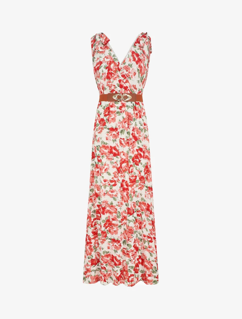 Robe longue sans manches imprimé roses sauvages - Rouge