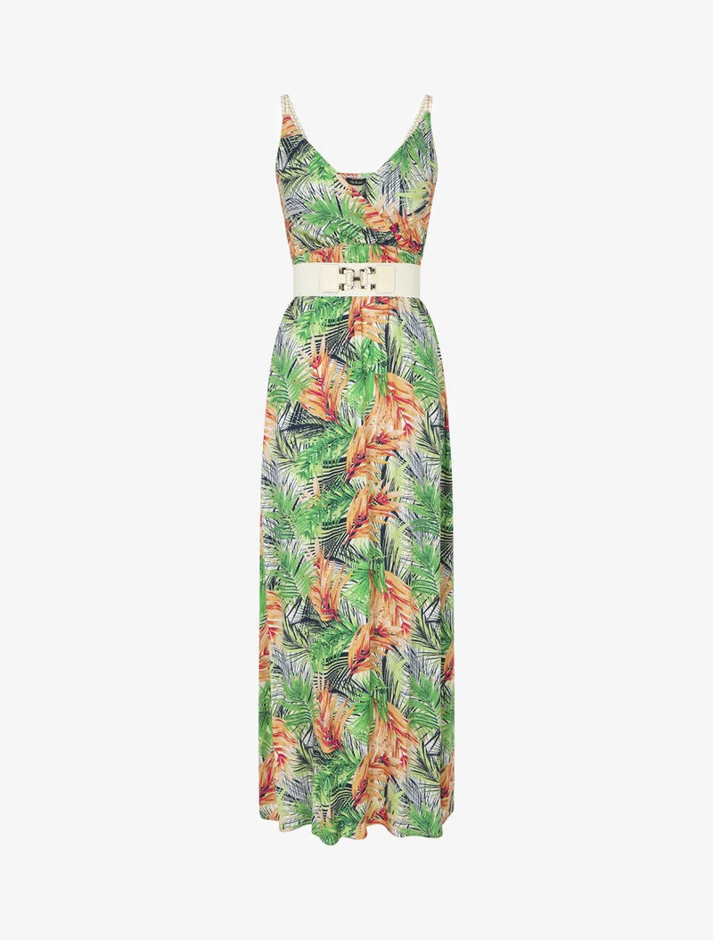 Robe longue élastiquée imprimé feuilles - Blanc