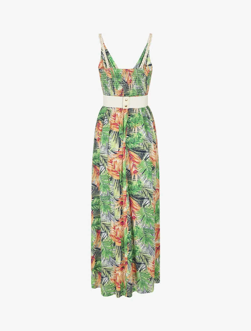 Robe longue élastiquée imprimé feuilles - Blanc