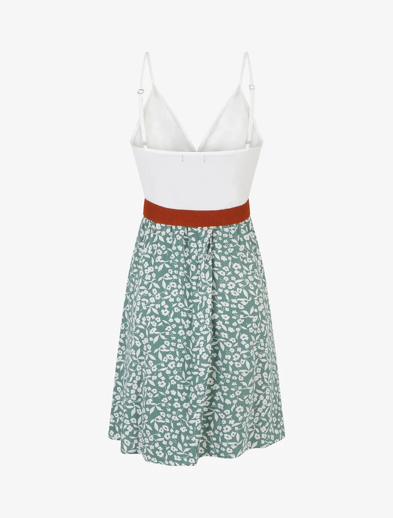 Robe mi-longue fleurie à fines bretelles - Vert d'eau