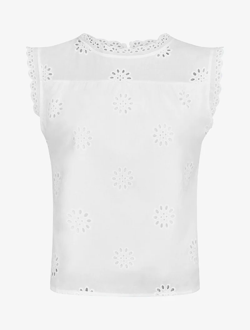 Blouse unie sans manches à motif fleurs - Blanc