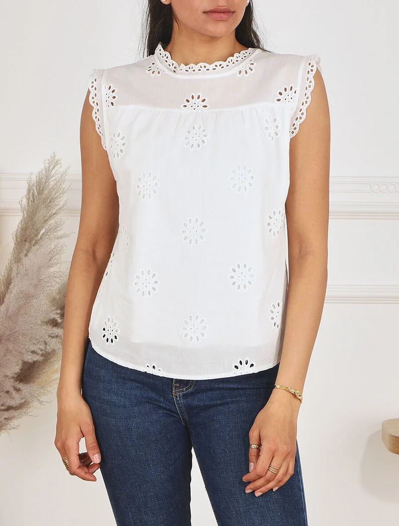 Blouse unie sans manches à motif fleurs - Blanc