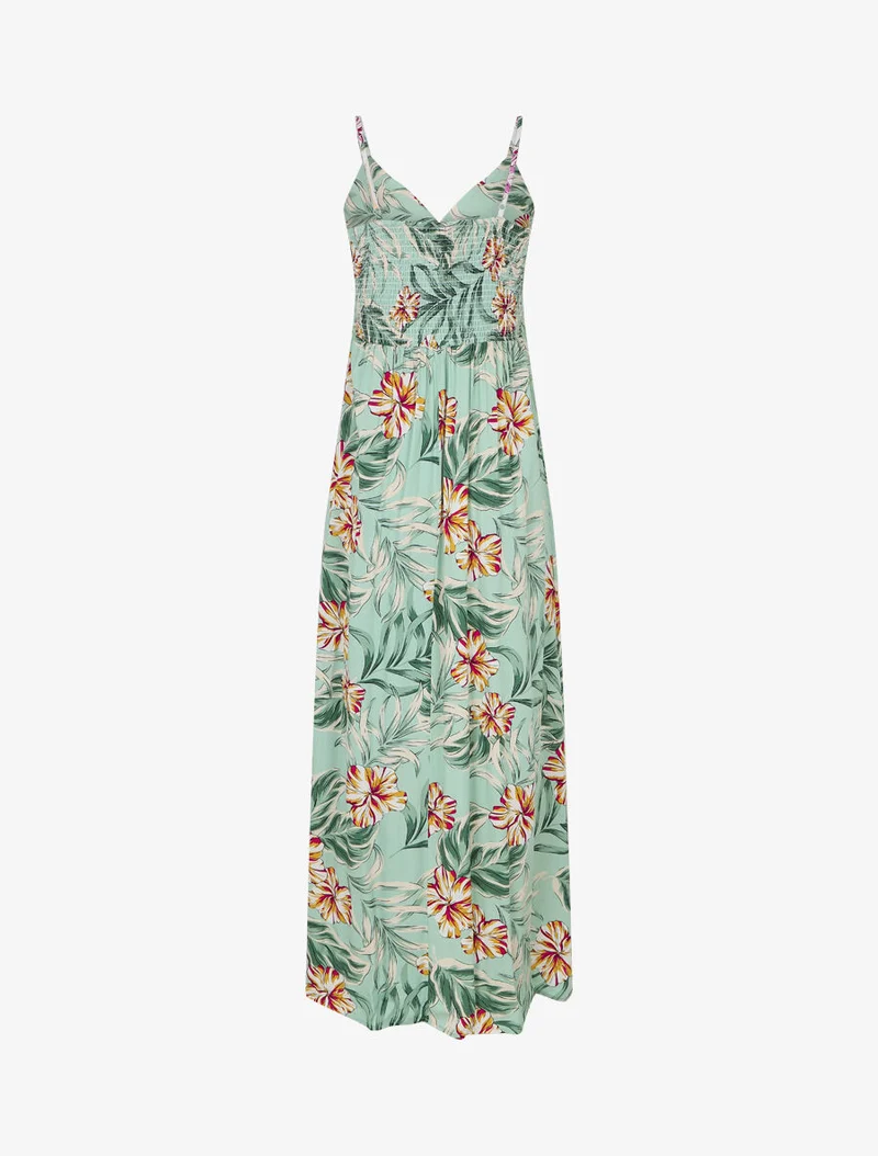 Robe longue empire imprimé fleurs des îles - Vert d'eau