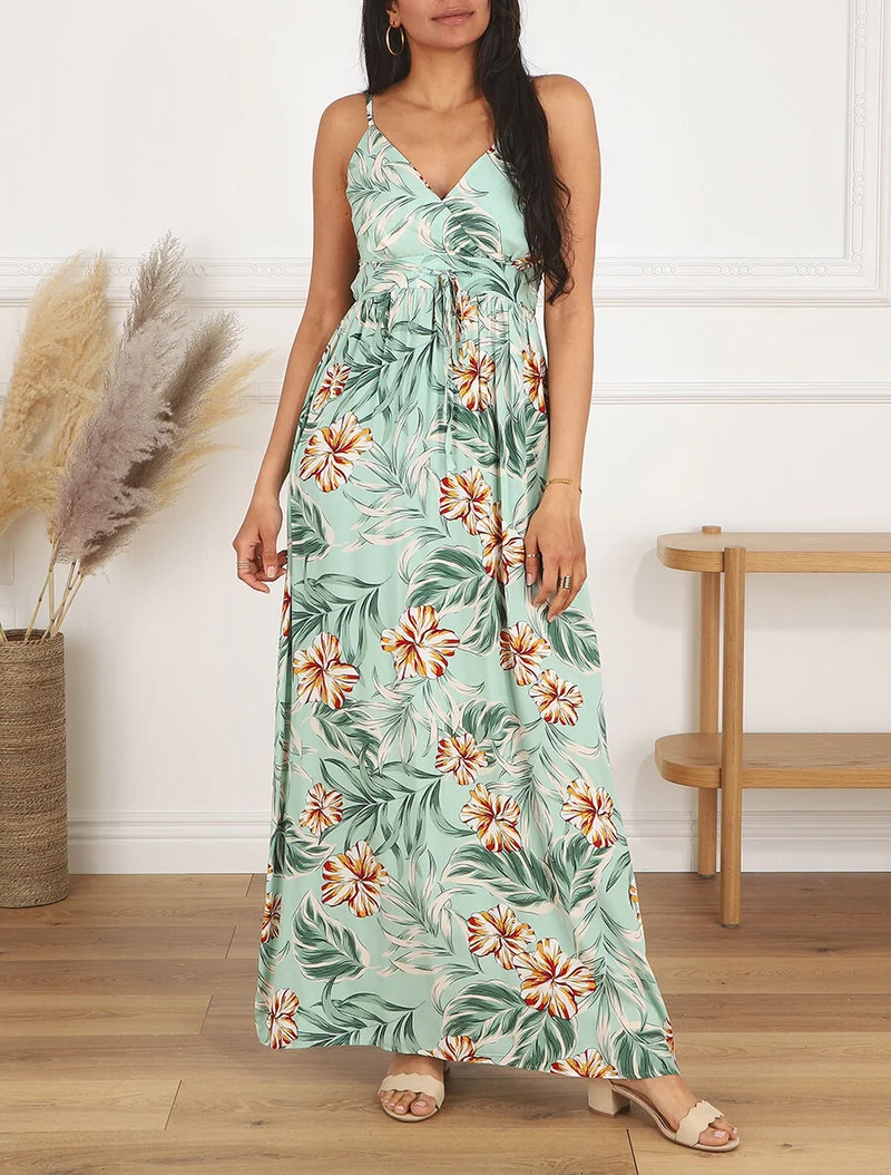 Robe longue empire imprimé fleurs des îles - Vert d'eau