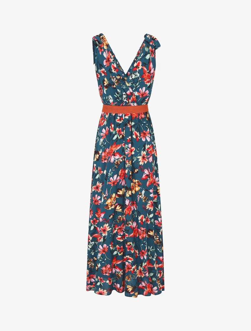 Robe imprimé fleuri à col en V - Bleu canard
