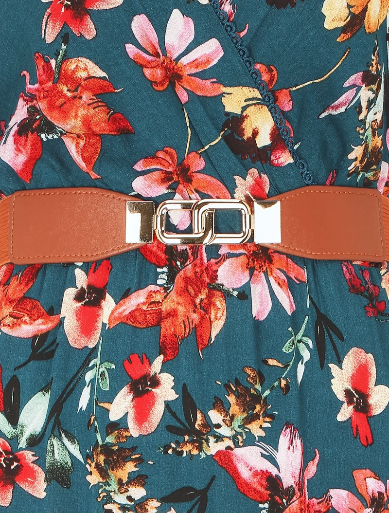 Robe imprimé fleuri à col en V - Bleu canard