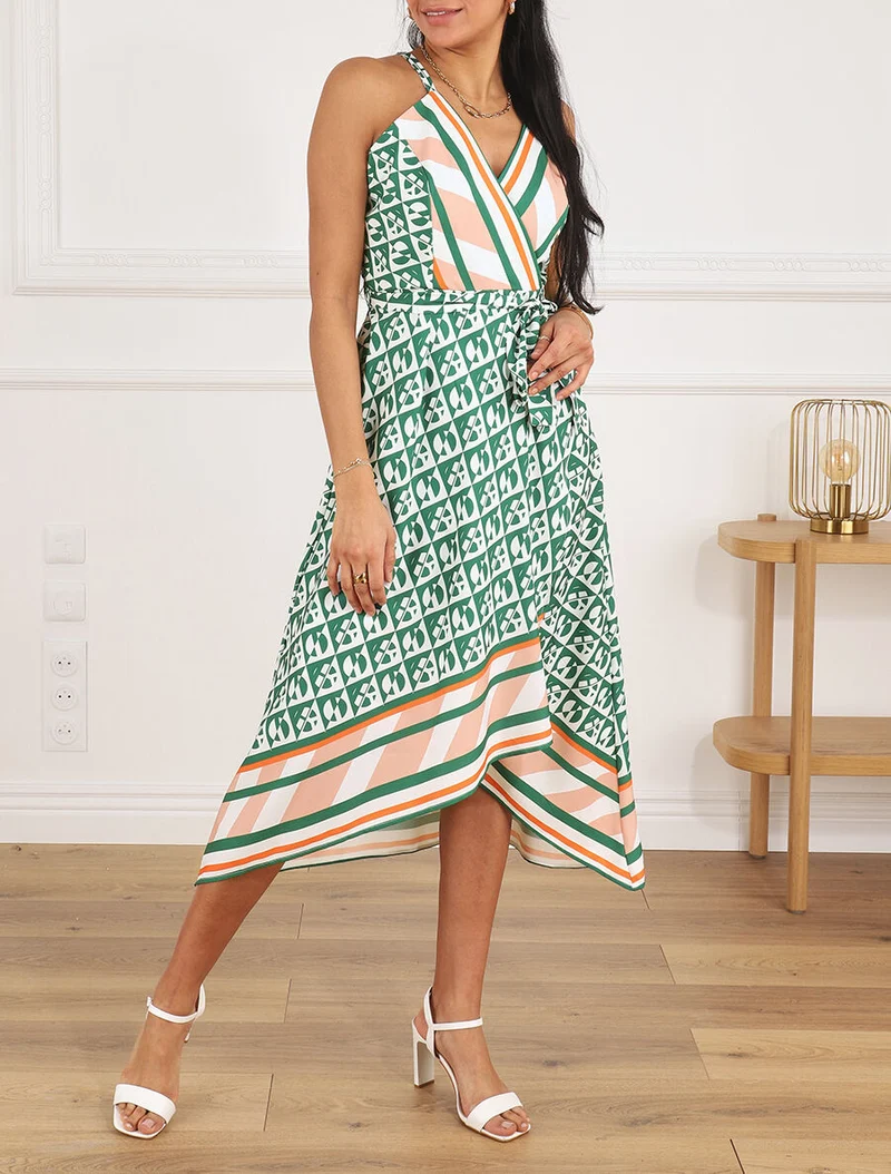 Robe foulard style portefeuille imprimé graphique - Vert