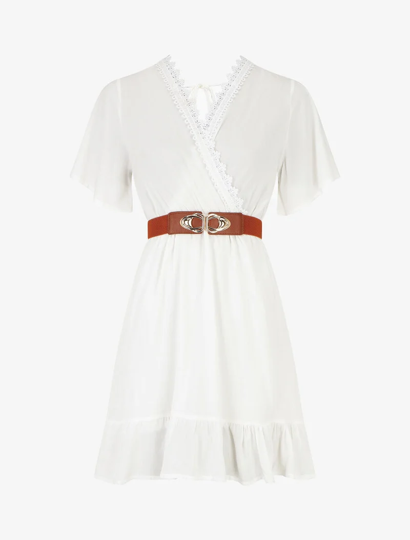 Robe courte unie col dentelle et bords volantés - Blanc
