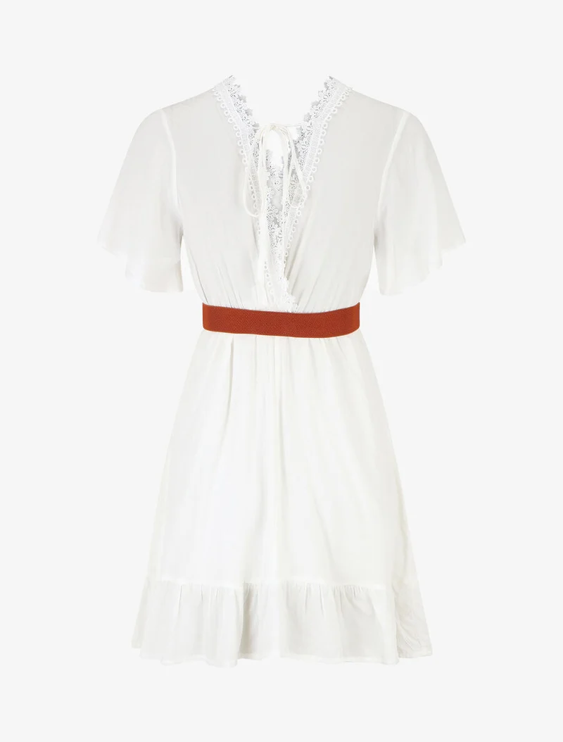 Robe courte unie col dentelle et bords volantés - Blanc