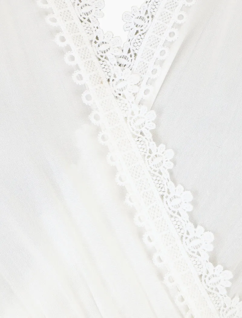 Robe courte unie col dentelle et bords volantés - Blanc