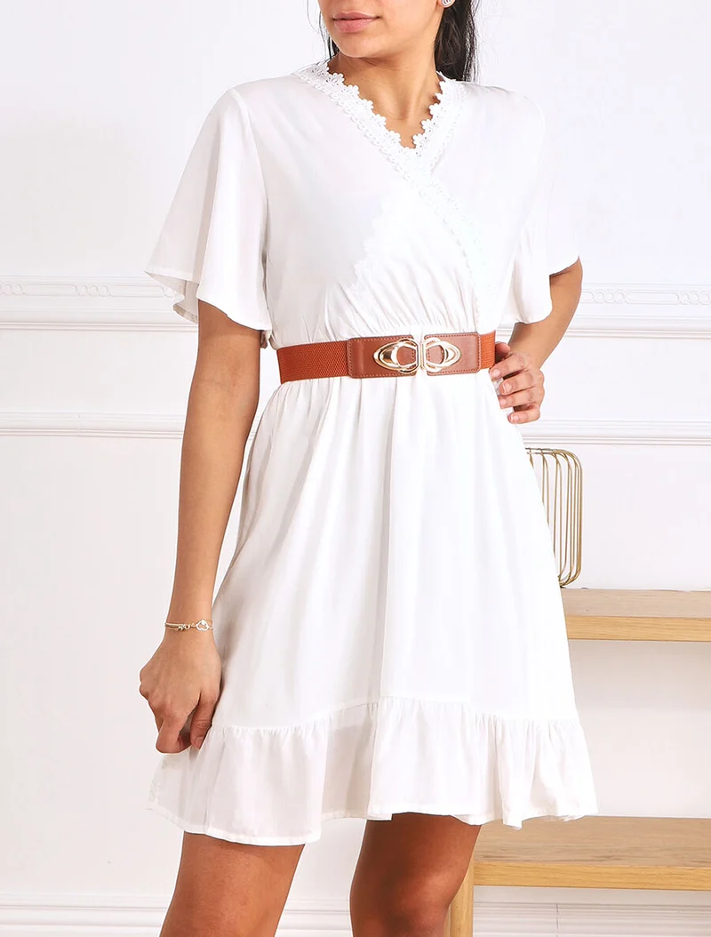 Robe courte unie col dentelle et bords volantés - Blanc