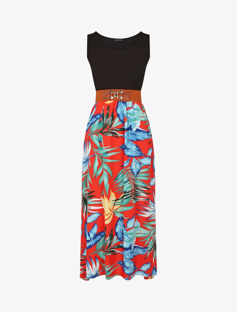 Robe bicolore à imprimé tropical - Rouge