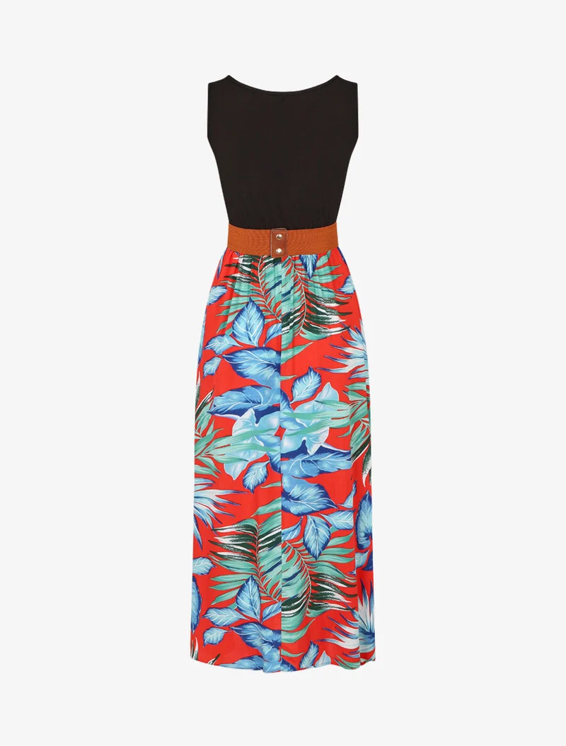 Robe bicolore à imprimé tropical - Rouge