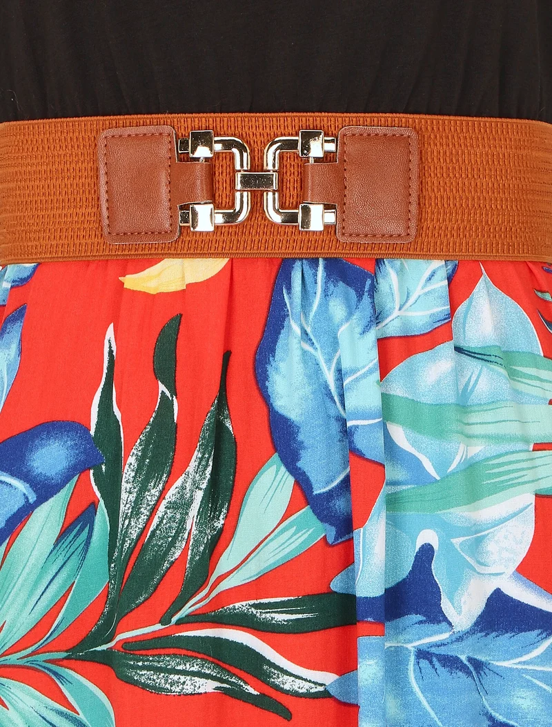Robe bicolore à imprimé tropical - Rouge