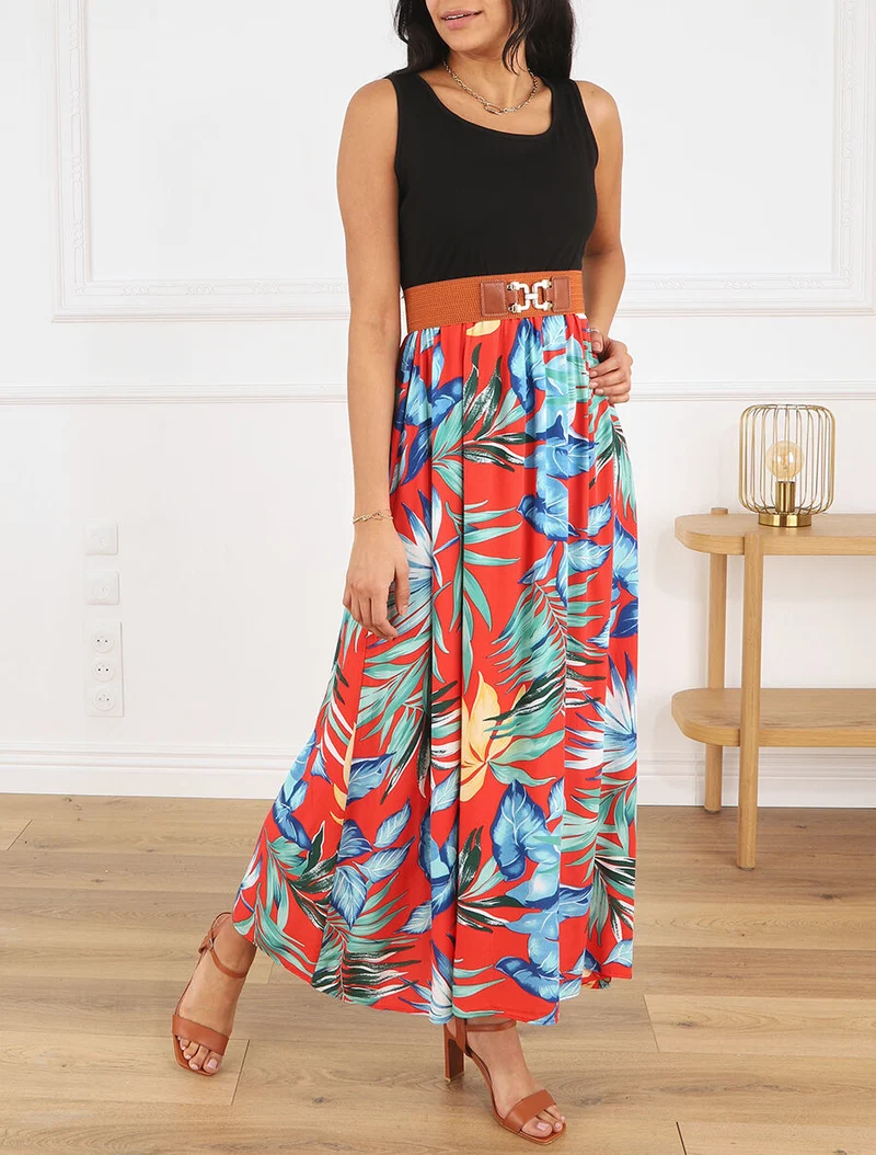 Robe bicolore à imprimé tropical - Rouge