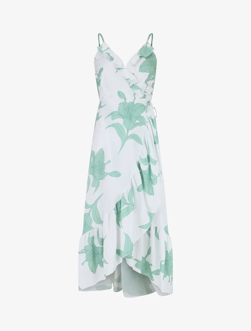 Robe longue asymétrique à imprimé grandes fleurs - Blanc