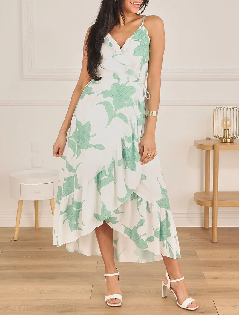 Robe longue asymétrique à imprimé grandes fleurs - Blanc