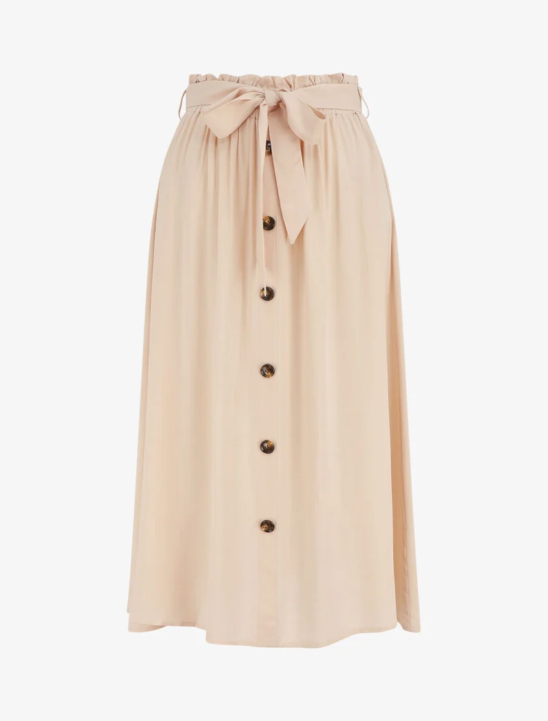 Jupe midi unie évasée à boutons - Beige