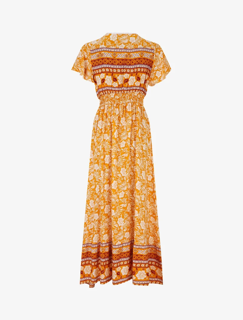 Robe imprimé fleuri à manches volantées - Orange