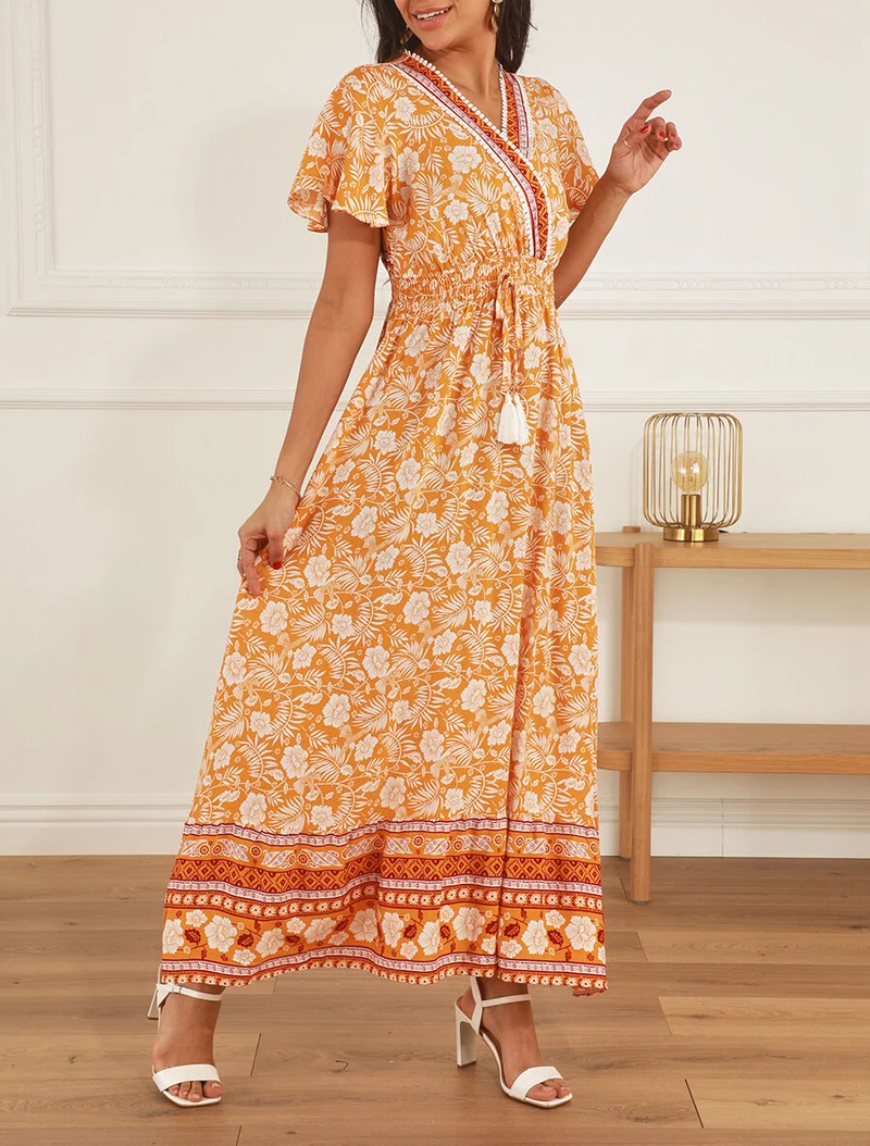 Robe imprimé fleuri à manches volantées - Orange