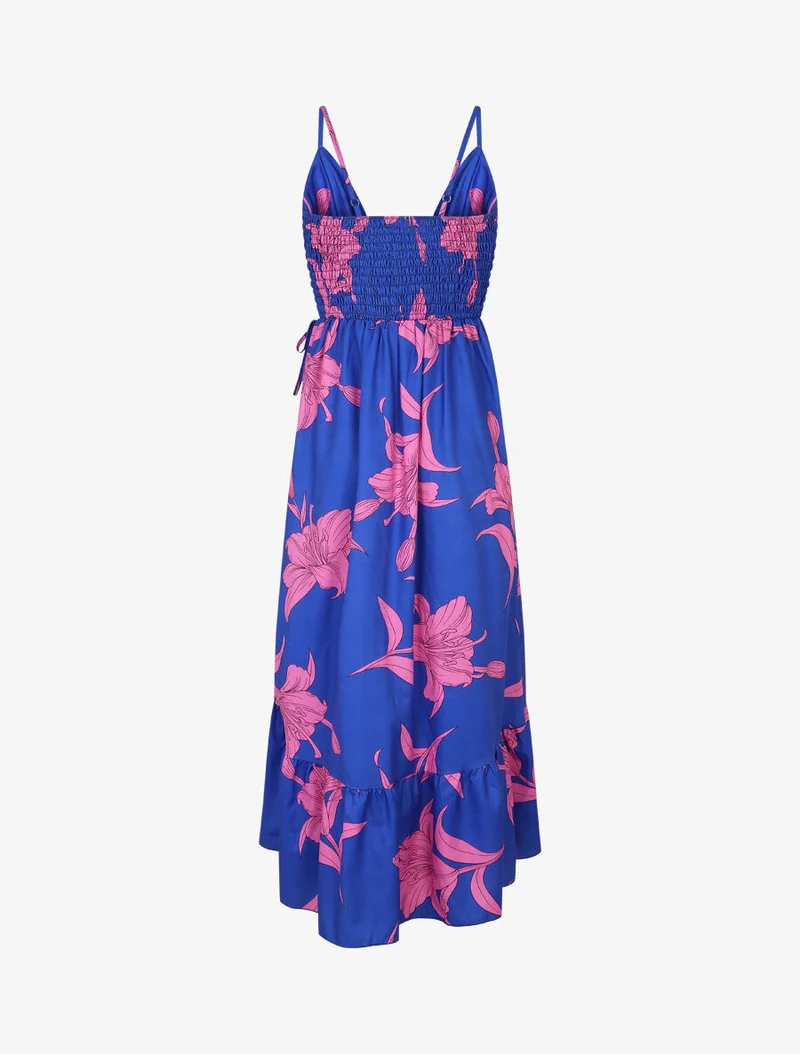 Robe longue asymétrique à imprimé grandes fleurs - Bleu roi
