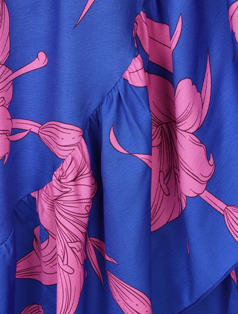 Robe longue asymétrique à imprimé grandes fleurs - Bleu roi