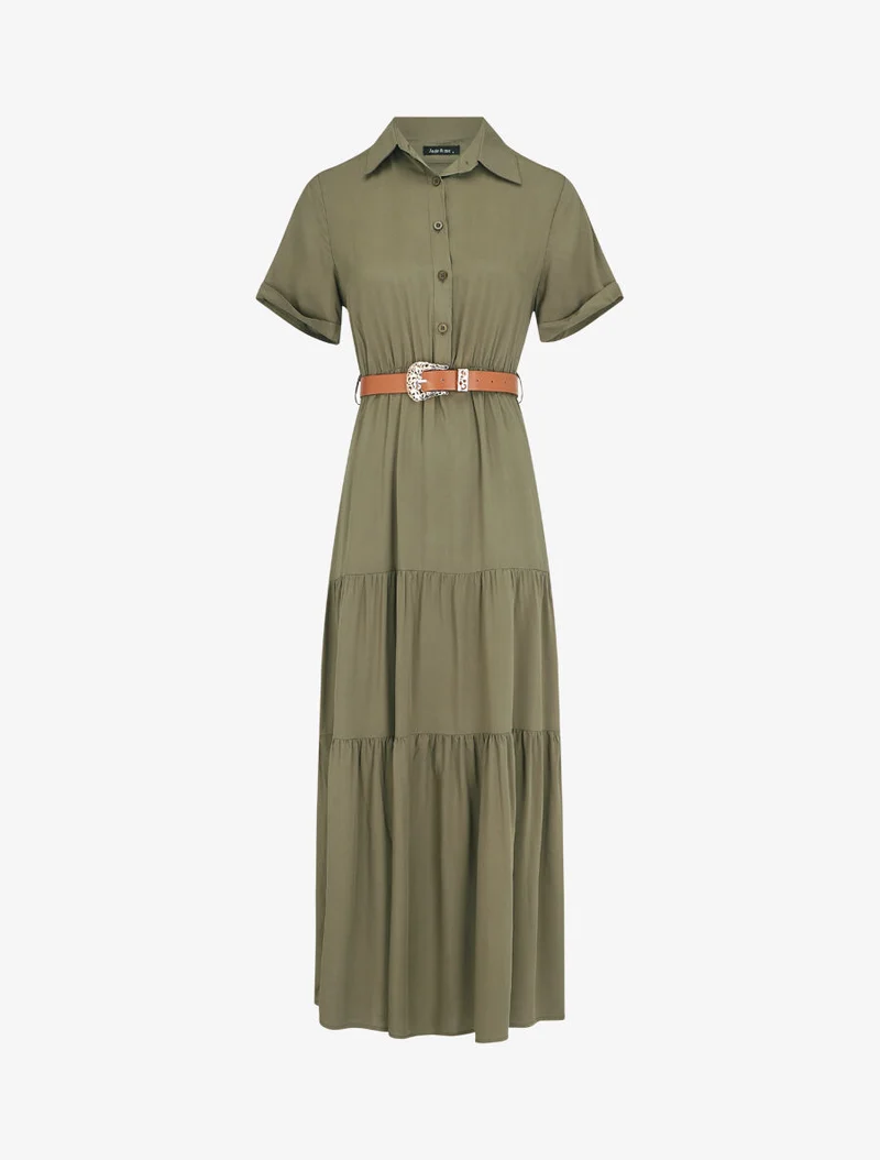 Robe longue unie à taille élastiquée - Kaki