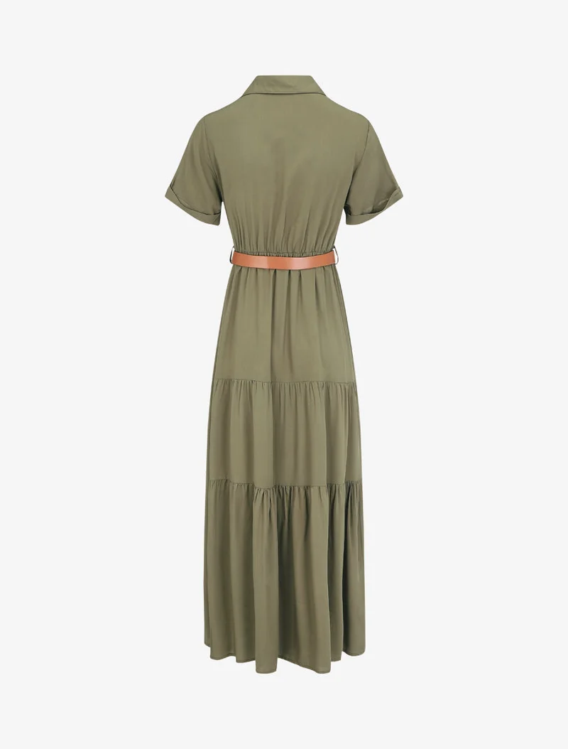 Robe longue unie à taille élastiquée - Kaki