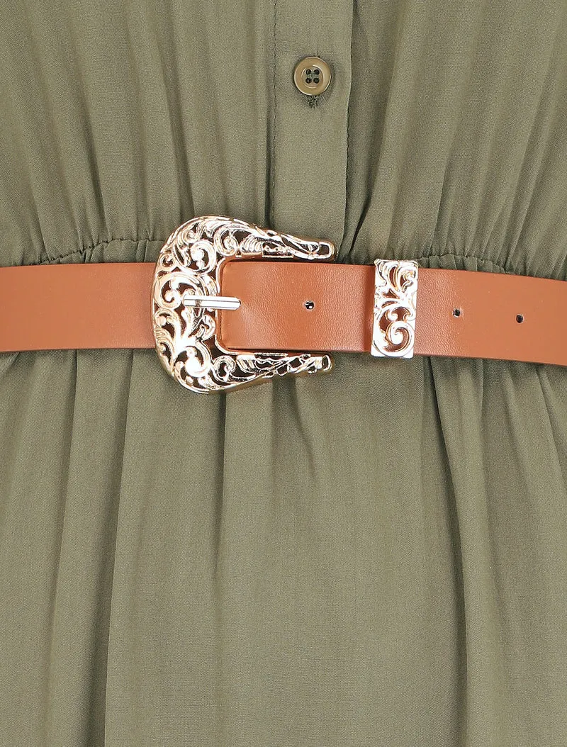 Robe longue unie à taille élastiquée - Kaki
