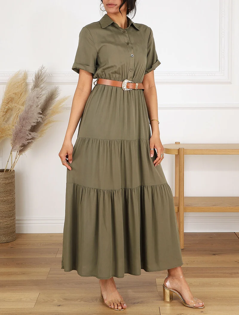 Robe longue unie à taille élastiquée - Kaki