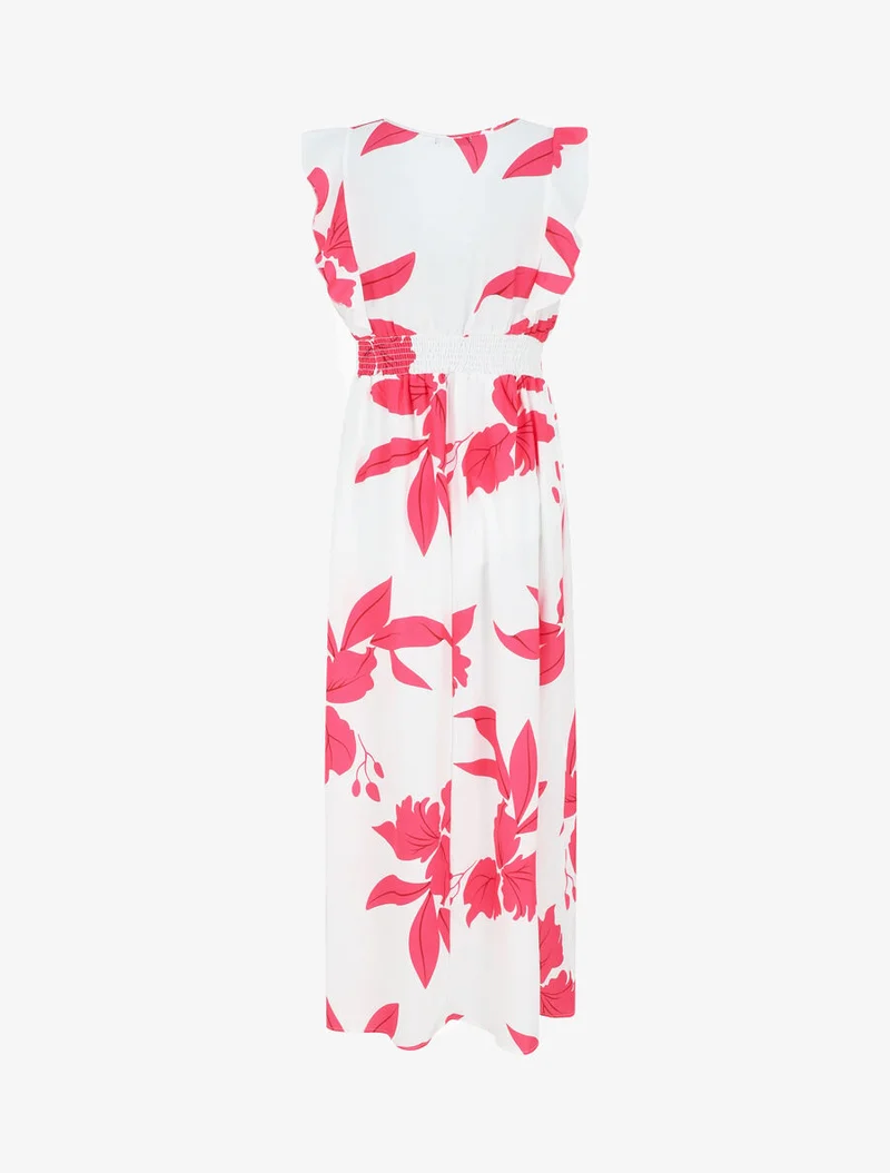 Robe longue motif végétal sans manches à volants - Blanc