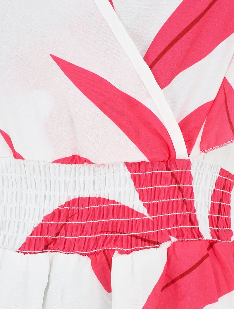 Robe longue motif végétal sans manches à volants - Blanc