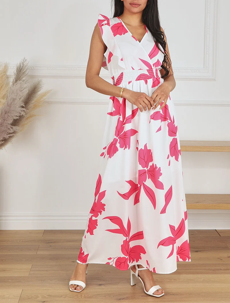 Robe longue motif végétal sans manches à volants - Blanc
